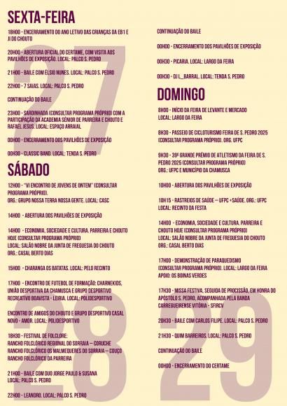 Consulte aqui o programa detalhado da Feira de S. Pedro e do Chocalho 2025. Dias 27, 28 e 29 de Junho venha até à mais antiga feira do Concelho!