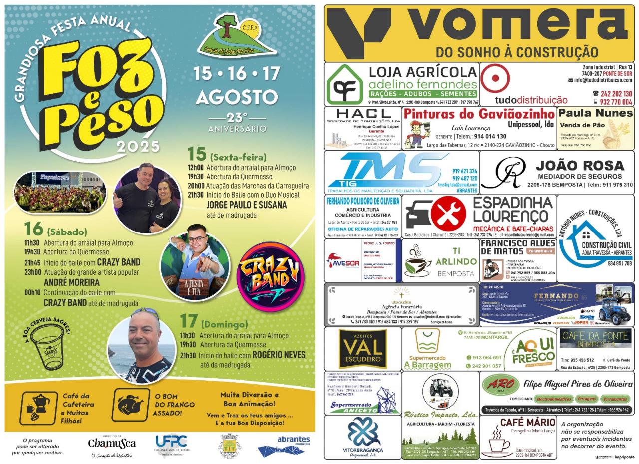 Festa Anual Foz e Peso dias 15, 16 e 17 de agosto 2025! 